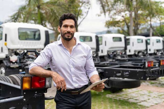 A fleet owner stands outside with his tablet and fleet of trucks.