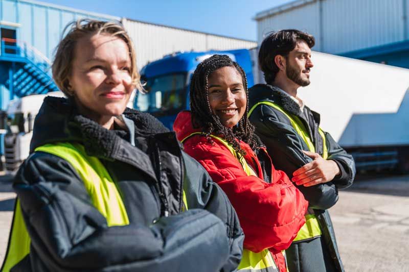 A logistics team stands outside their warehouse near their semi truck fleet.